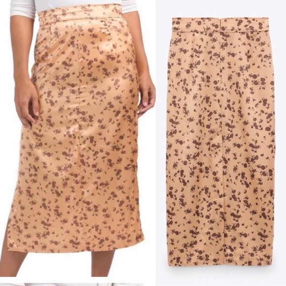 Zara Dresses & Skirts - Zara gold / brown floral satin midi skirt with side slit
